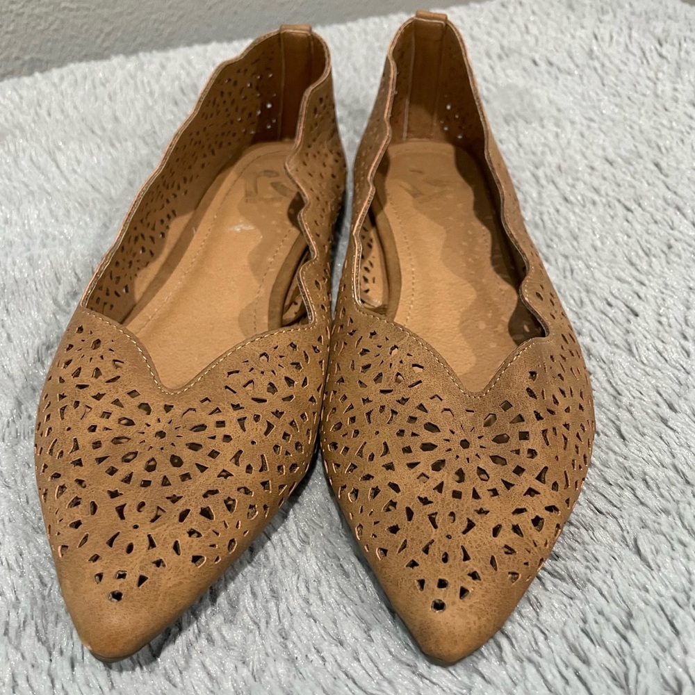 Tan Pointed Slip on Flats.